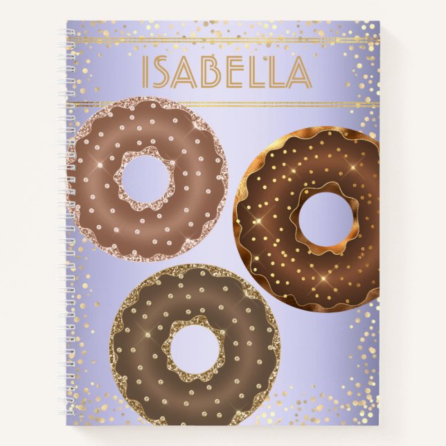 Chocolate gold glitter doughnuts purple ombre name notebook (Front)