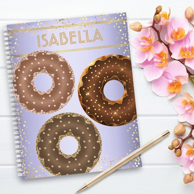 Chocolate gold glitter doughnuts purple ombre name notebook (Creator Uploaded)