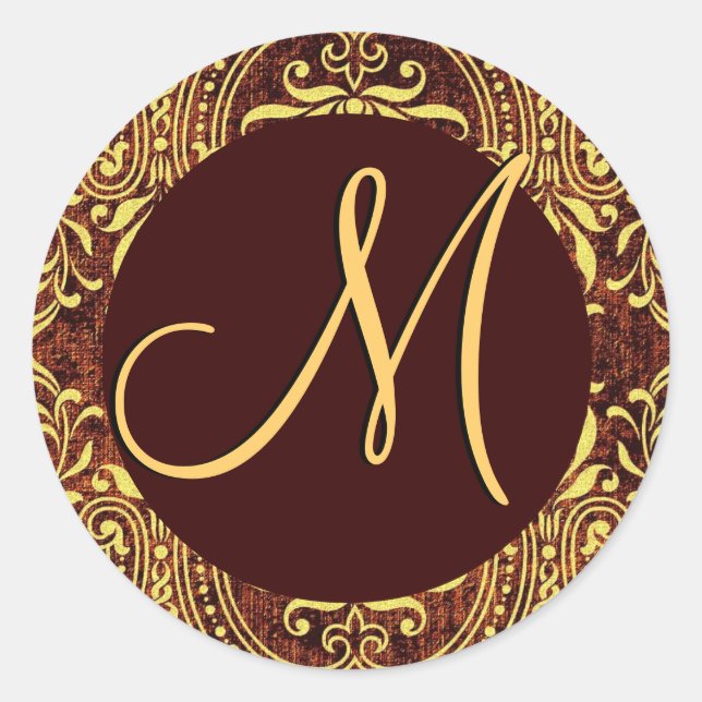 Chocolate Gold Monogram M Damask Wedding Sticker V (Front)