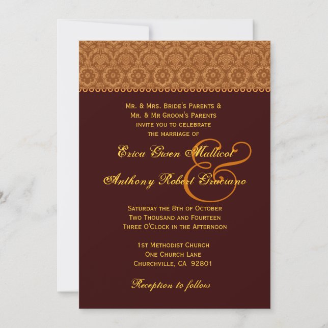Chocolate Gold Vintage  Damask Wedding Monogram Invitation (Front)
