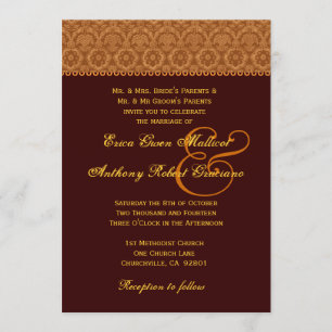 Chocolate Gold Vintage Damask Wedding Monogram Invitation