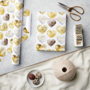 Chocolate Gold White Hearts Birthday Wrapping Paper