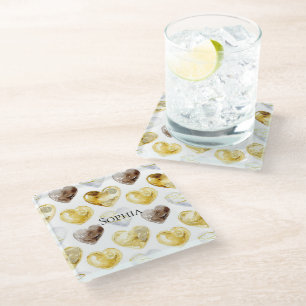 Chocolate Gold White Hearts Glass Coaster