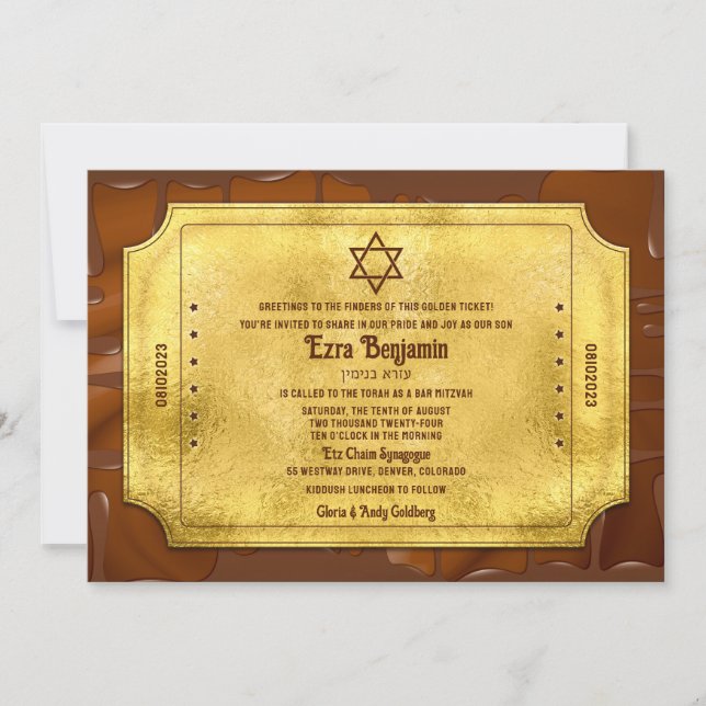 Chocolate Golden Ticket Bar Mitzvah or Bat Mitzvah Invitation (Front)