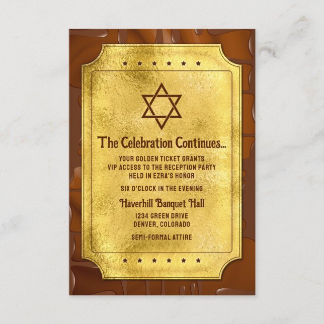 Chocolate Golden Ticket Bat Bar Mitzvah Reception Enclosure Card (Front)