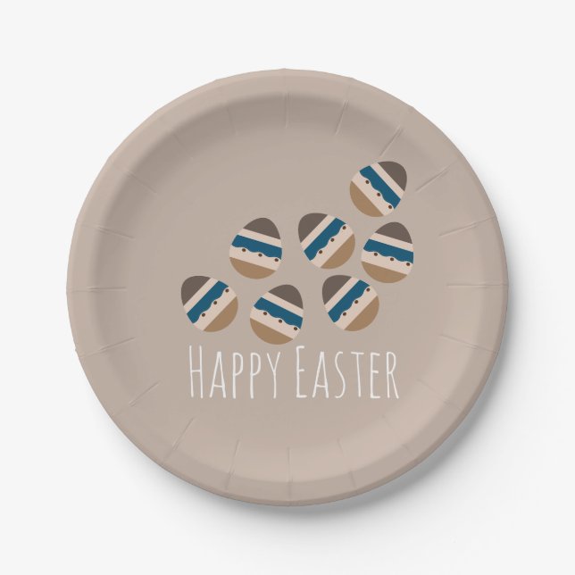 Chocolate Happy Easter Eggs Earth Tone Blue Brown Paper Plate (Front)