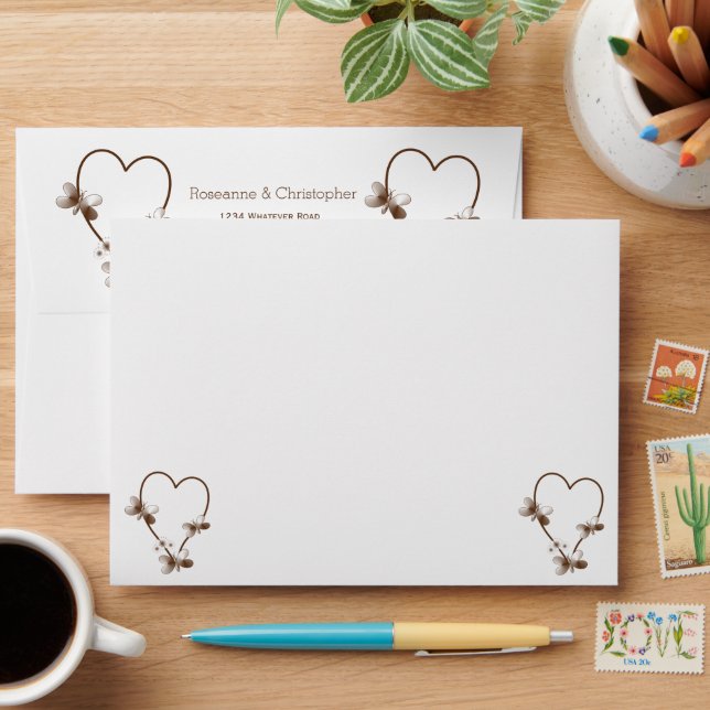 Chocolate Heart And Butterflies Design Wedding Envelope (Desk)