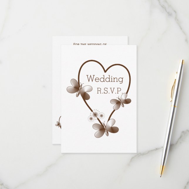 Chocolate Heart And Butterflies Design Wedding RSVP Card (Front/Back In Situ)