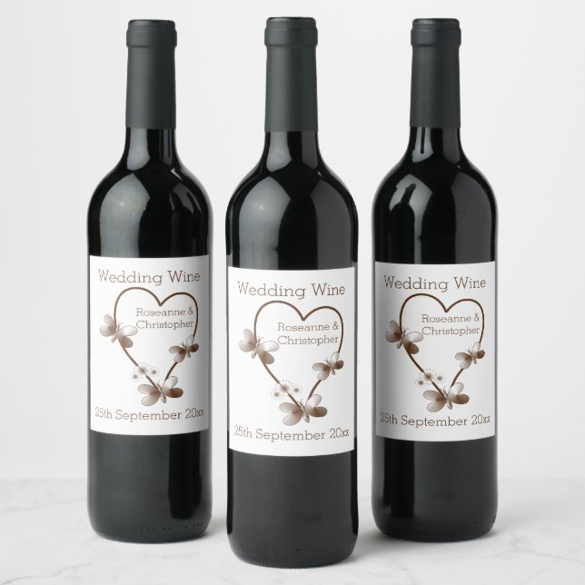 Chocolate Heart And Butterflies Design Wedding Wine Label (Bottles)