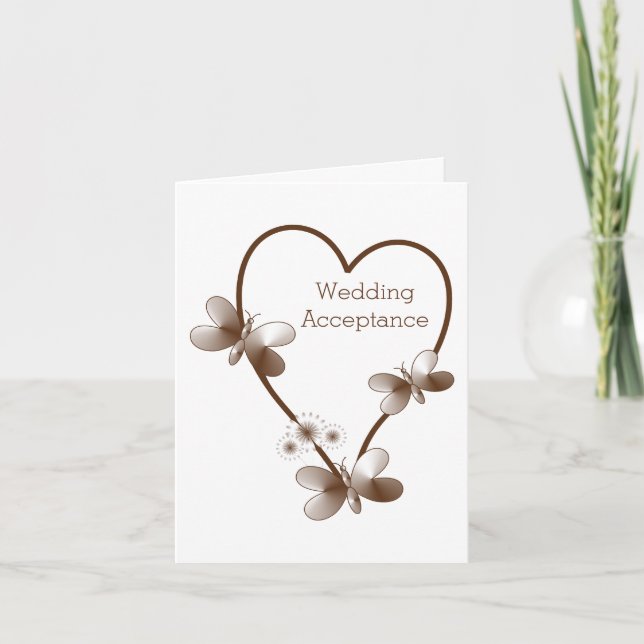 Chocolate Heart And Butterflies Wedding Acceptance Thank You Card (Front)