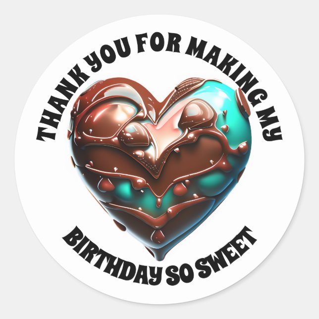Chocolate heart thank you brown blue modern 3D  Classic Round Sticker (Front)