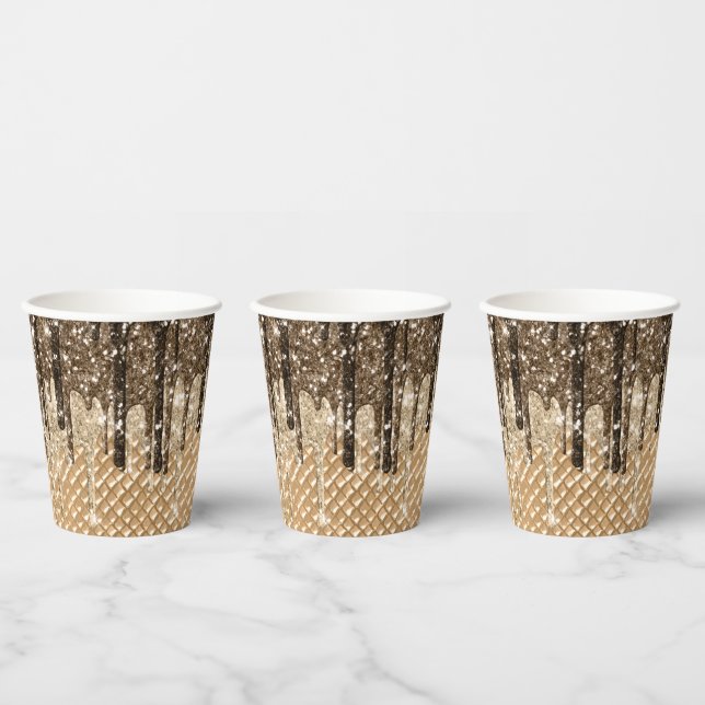 Chocolate Ice Cream Cone Glitter Drips Birthday Paper Cups (Multi)