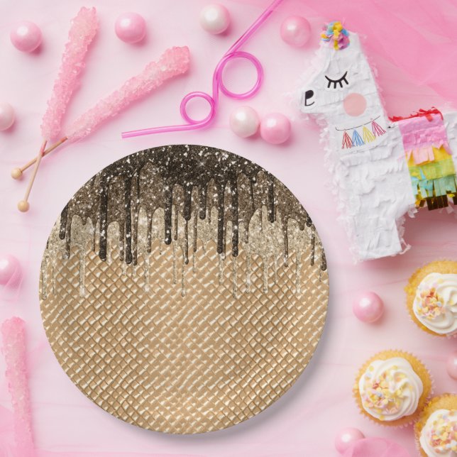 Chocolate Ice Cream Cone Glitter Drips Paper Plate (Party)