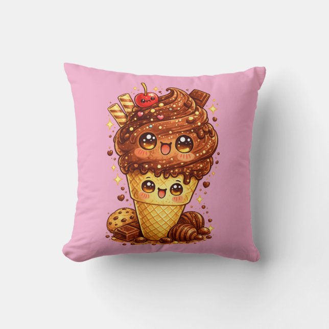 Chocolate Ice Cream Cone Kawaii Cushion Pillow (Front)