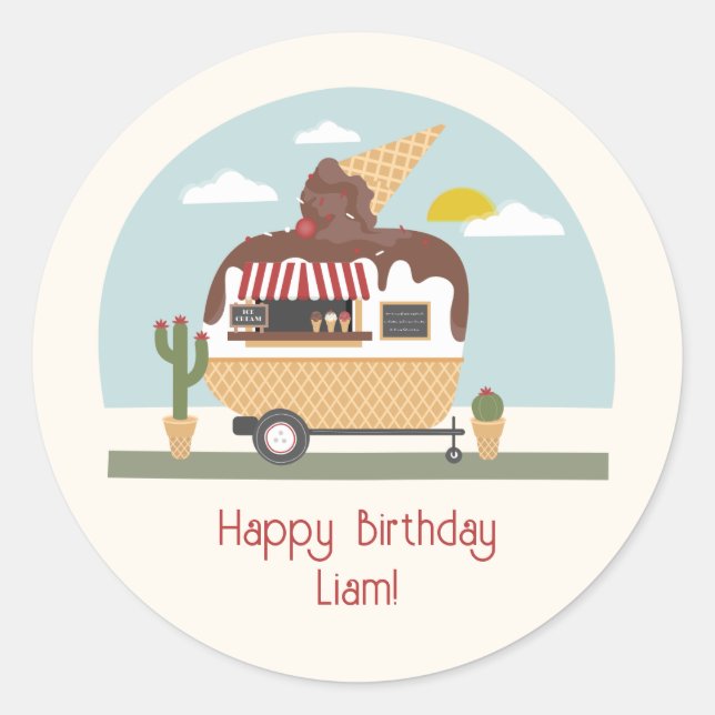 Chocolate Ice Cream Truck Kids Birthday Classic Round Sticker (Front)
