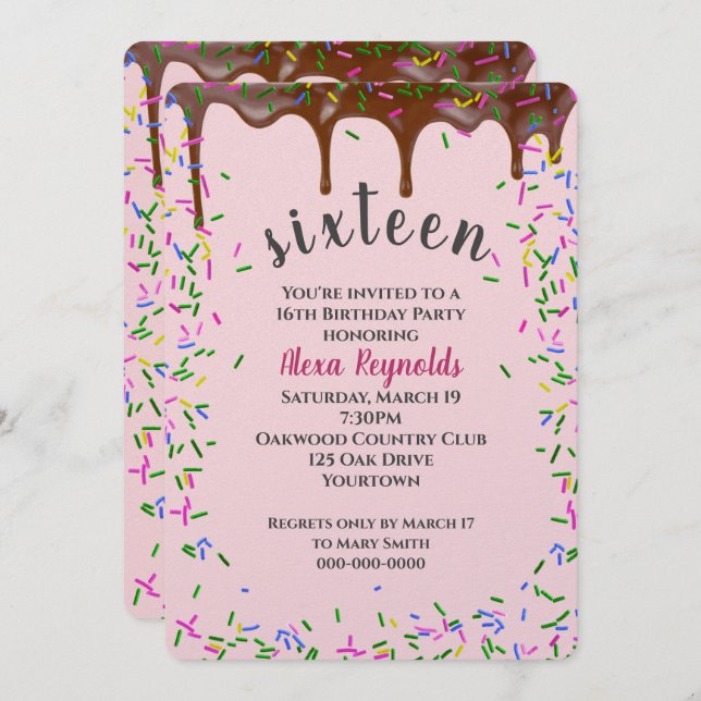 Chocolate Icing With Sprinkles for 16th Birthday Invitation (Front/Back)