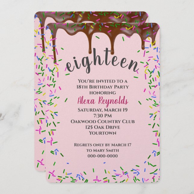 Chocolate Icing With Sprinkles for 18th Birthday Invitation (Front/Back)