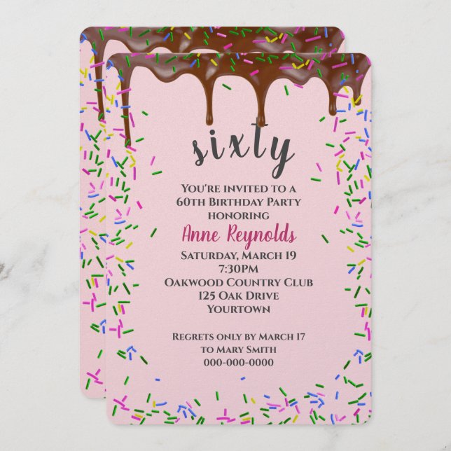 Chocolate Icing With Sprinkles for 60th Birthday Invitation (Front/Back)
