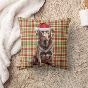Chocolate Lab and Holiday Plaid Christmas Cushion