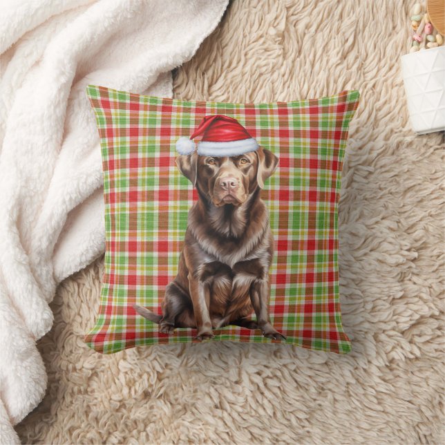 Chocolate Lab and Holiday Plaid Christmas Cushion (Blanket)
