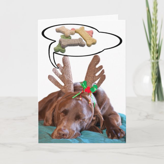 Chocolate Lab Antlers Treats Photo Personalised Holiday Card (Front)