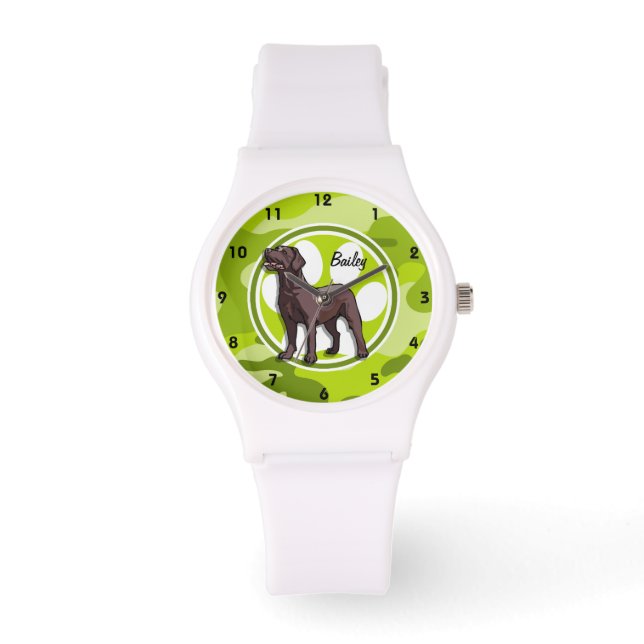 Chocolate Lab; bright green camo, camouflage Watch (Front)