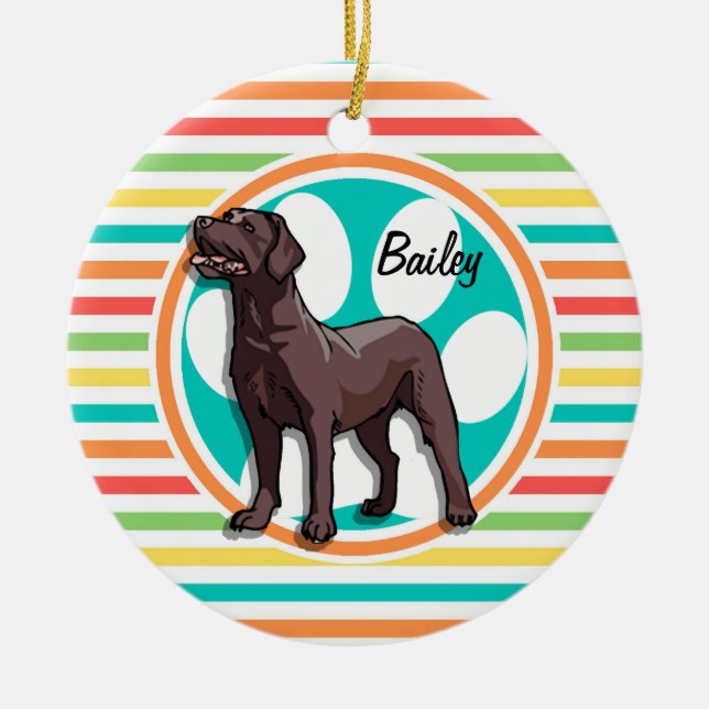 Chocolate Lab; Bright Rainbow Stripes Ceramic Tree Decoration (Front)