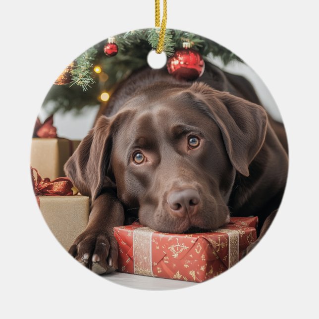 Chocolate Lab Christmas Ceramic Tree Decoration (Front)