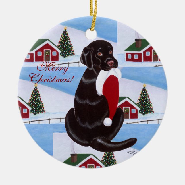 Chocolate Lab Christmas Santa Hat Ceramic Tree Decoration (Front)