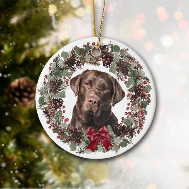 Chocolate Lab Dog Pinecone Wreath Personalised Ceramic Tree Decoration (Creator Uploaded)