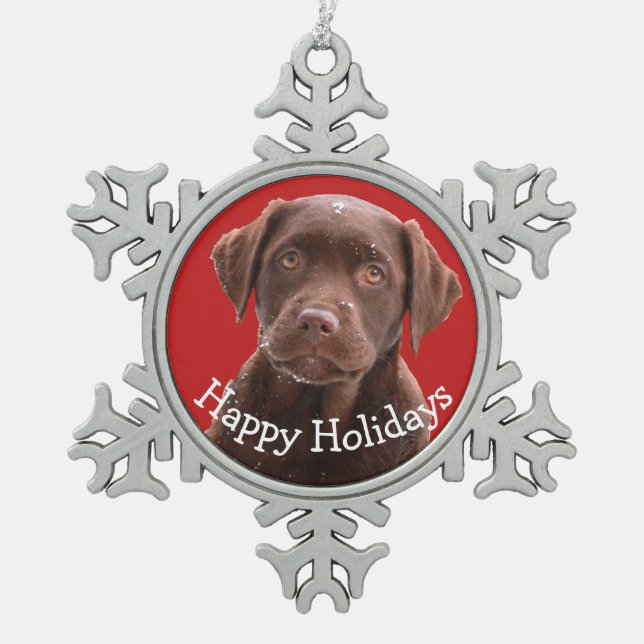 Chocolate Lab Dog Puppy Pet Canine Happy Holidays  Snowflake Pewter Christmas Ornament (Front)