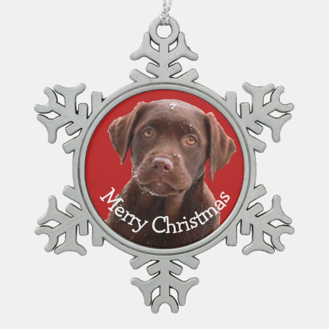 Chocolate Lab Dog Puppy Pet Canine Merry Christmas Snowflake Pewter Christmas Ornament (Front)
