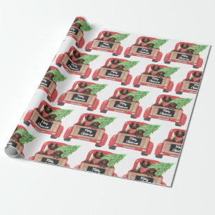 Chocolate Lab Dog Puppy Red Truck Merry Christmas Wrapping Paper