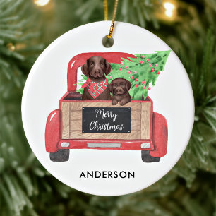 Chocolate Lab Dog Puppy Vintage Christmas Truck Ceramic Tree Decoration
