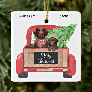 Chocolate Lab Dog Puppy Vintage Truck Christmas Ceramic Ornament