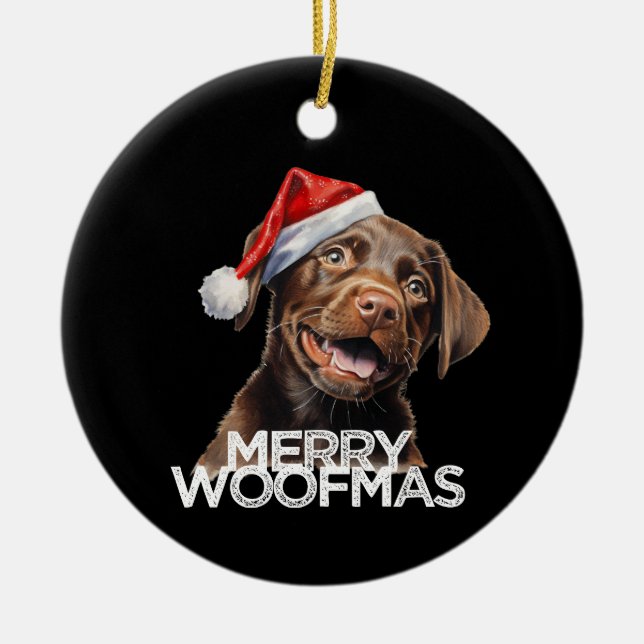 Chocolate lab dog santa hat MERRY WOOFMAS funny Ceramic Tree Decoration (Front)