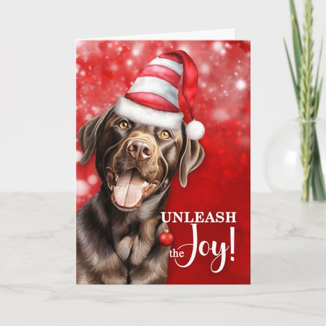 Chocolate Lab Dog Unleash the Joy Christmas Holiday Card (Front)