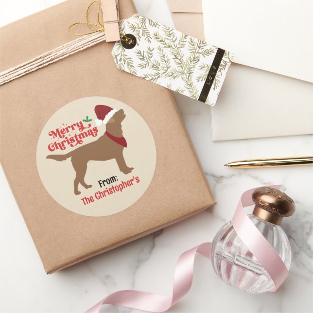 Chocolate Lab Labrador Merry Christmas Classic Round Sticker (Gifting)