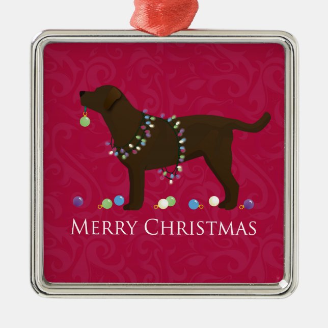 Chocolate Lab Merry Christmas Design Metal Tree Decoration (Front)