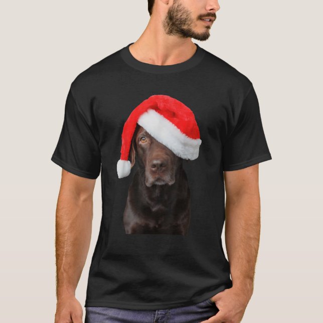 Chocolate Lab Picture Santa Hat Cute Dog Christmas T-Shirt (Front)