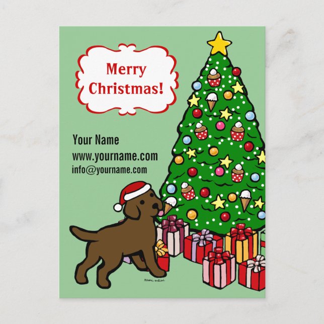 Chocolate Lab Puppy and Christmas Tree Holiday Postcard (Front)