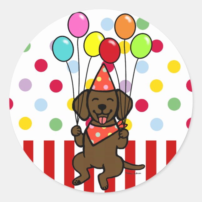 Chocolate Lab Puppy Birthday Balloons Classic Round Sticker (Front)