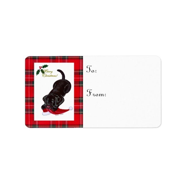 Chocolate Lab Puppy Christmas Gift Label Tartan (Front)