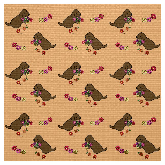 Chocolate Lab Puppy Flower Basket Cartoon Fabric (Swatch)