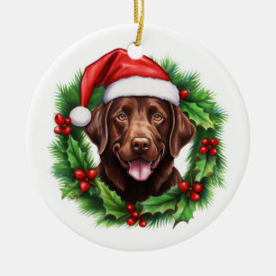 Chocolate Lab Retriever Christmas Wreath Ceramic Tree Decoration