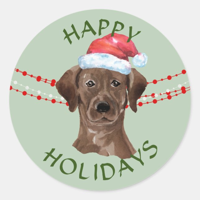 Chocolate Lab Santa Hat Happy Holidays Classic Round Sticker (Front)