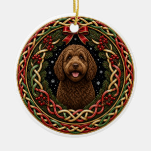 Chocolate Labradoodle Celtic Wreath Christmas Ceramic Tree Decoration