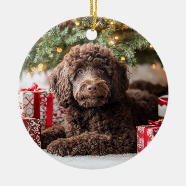 Chocolate Labradoodle Ceramic Tree Decoration (Front)