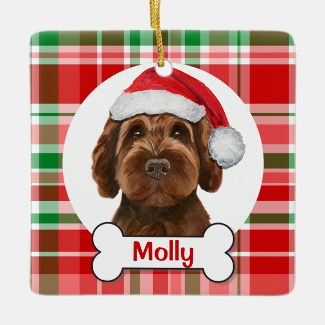 Chocolate Labradoodle / Chocolate Goldendoodle Ceramic Ornament (Front)