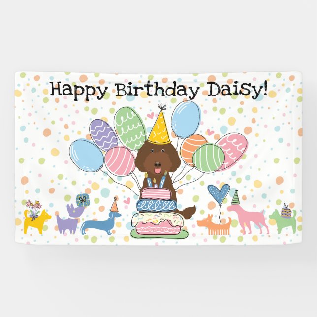 Chocolate Labradoodle Dog Birthday Party Banner (Horizontal)